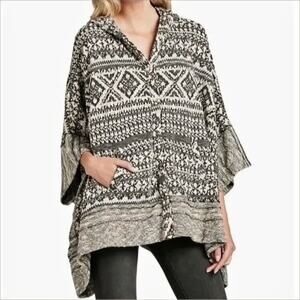 LUCKY BRAND Southwestern Jacquard Knit Snap-Front Hooded Poncho Sweater O/S